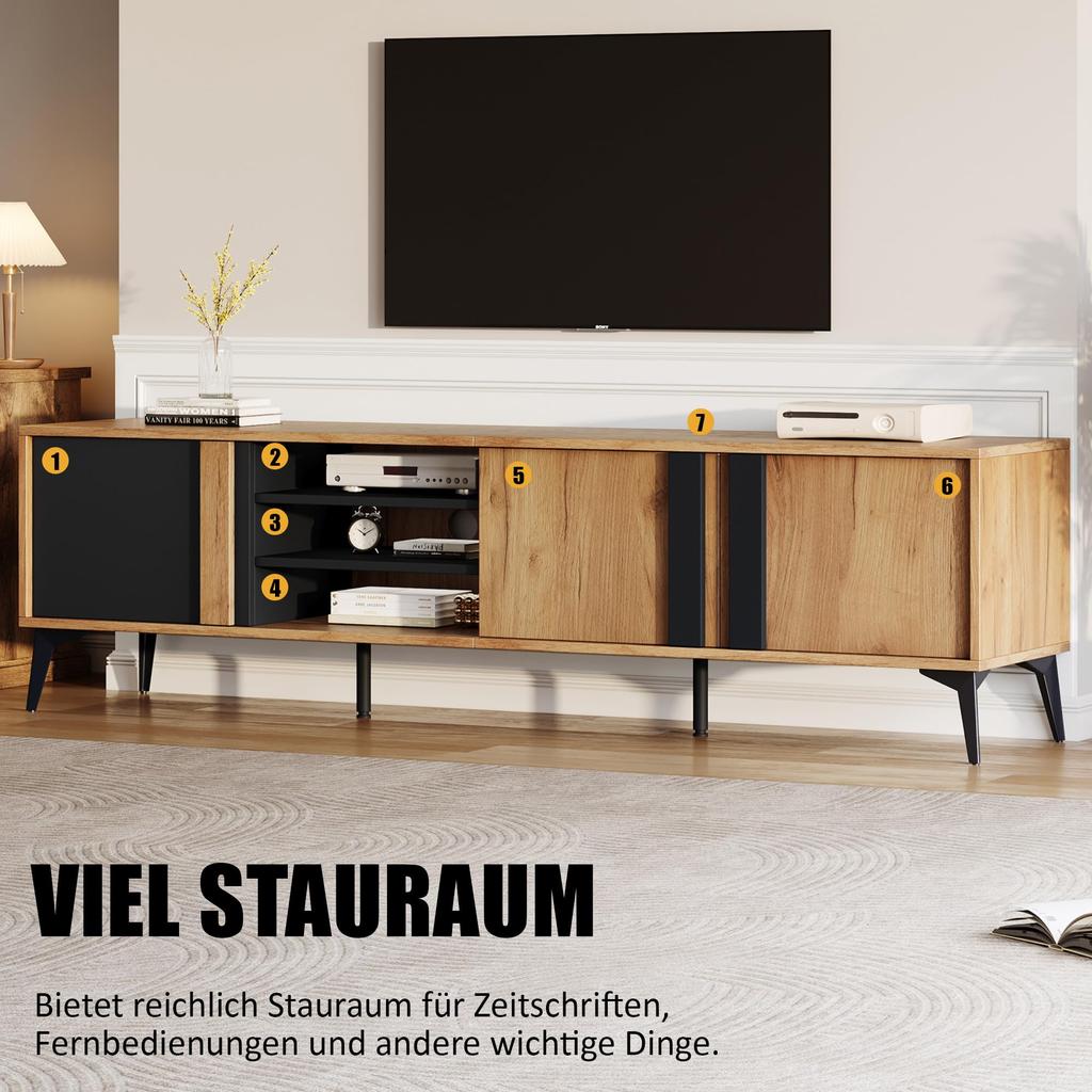 TV-Schrank Fernseher bis zu 80 Zoll, Moderner TV Lowboard 3 offenem Fach, TV Kommode, Wohnzimmer Esszimmer, Braun & Schwarz, 180x40x50cm