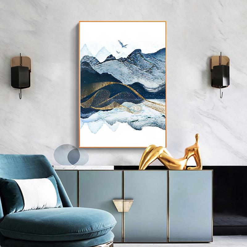 Abstract Mountain Art Lake Bird Watercolor Blue Gold Canvas Painting Wall Art Picture Print Living Room Home Decoration Interior