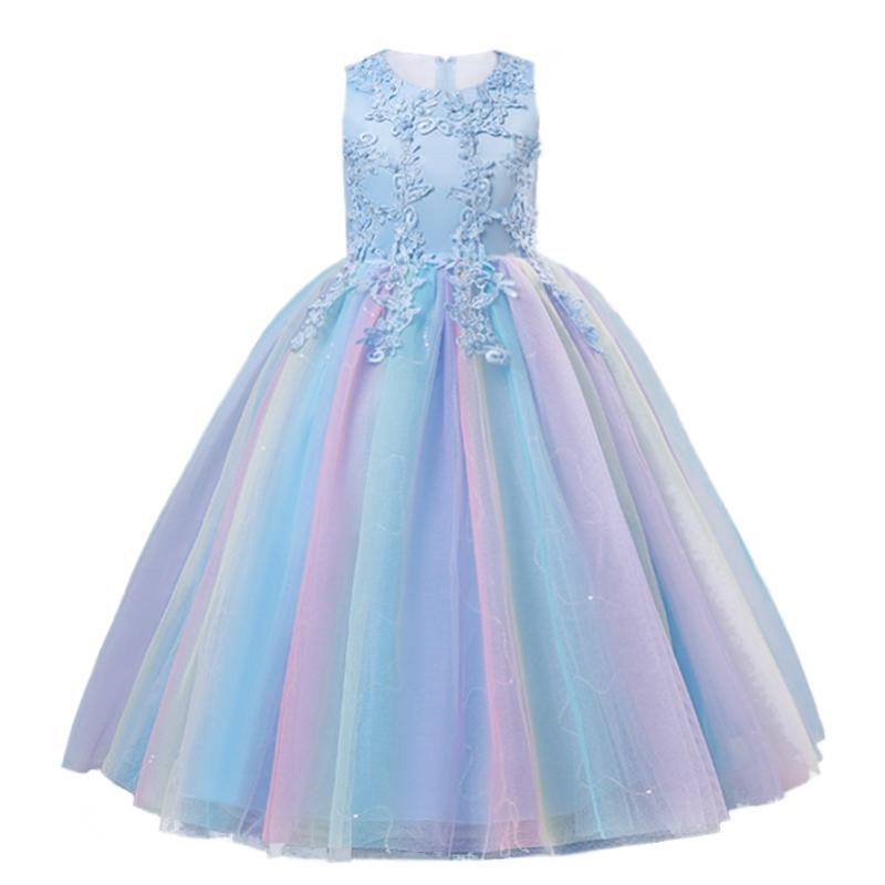 Girls Luxury Rainbow Tulle Lace Flower Bridesmaid Wedding Party Dresses Children Colorful Graduation Ceremony Costume