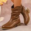 Fashion Pleated Pu Leather Cowboy Boots Women Western Style Mid Calf Boots Woman Autumn Winter Plus Size Fashion Chunky Hees Botas Mujer