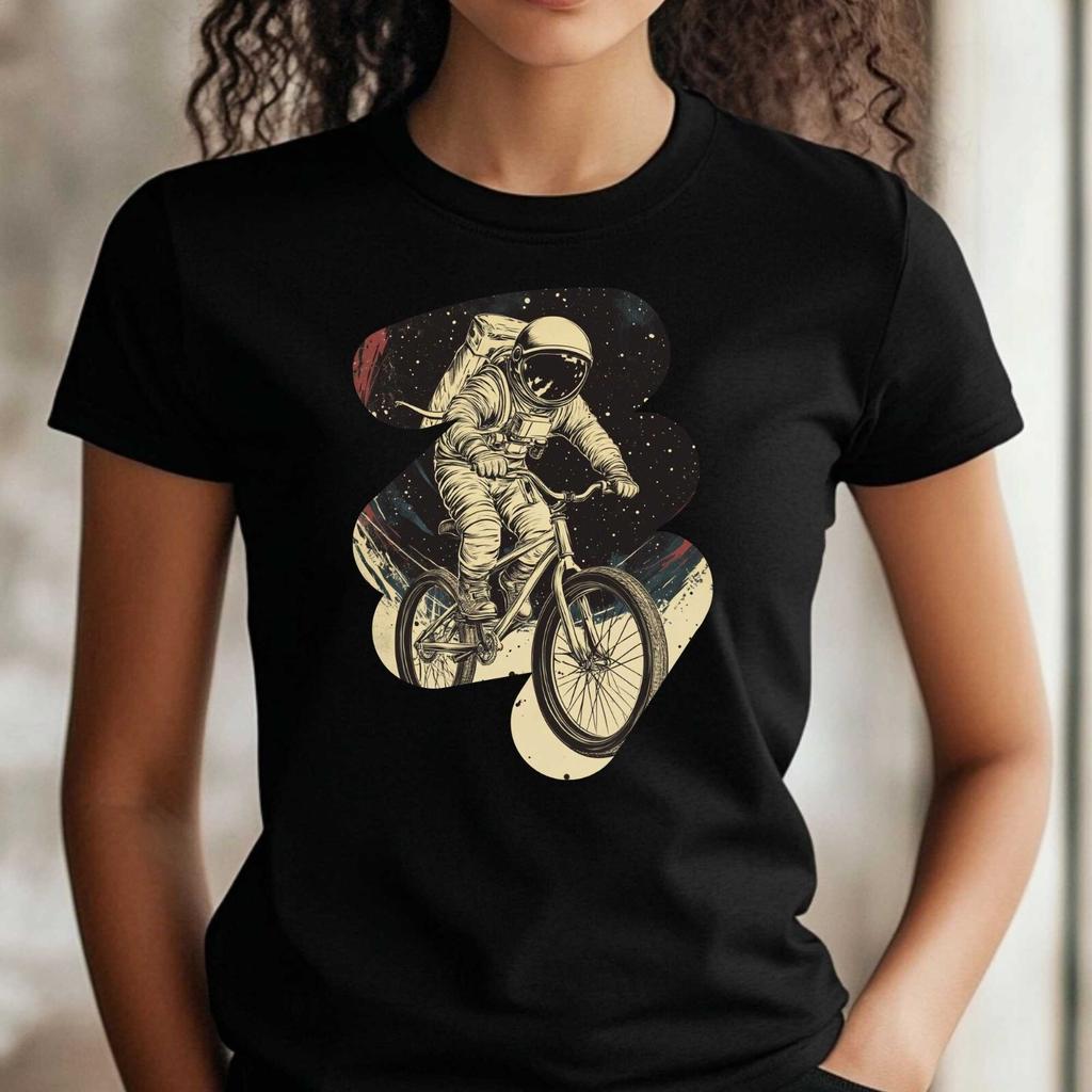 T-Shirt Frauen Astronaut auf Fahrrad Motiv Baumwolle Größe XS bis 3XLWird in neuem Fenster oder Tab geöffnet