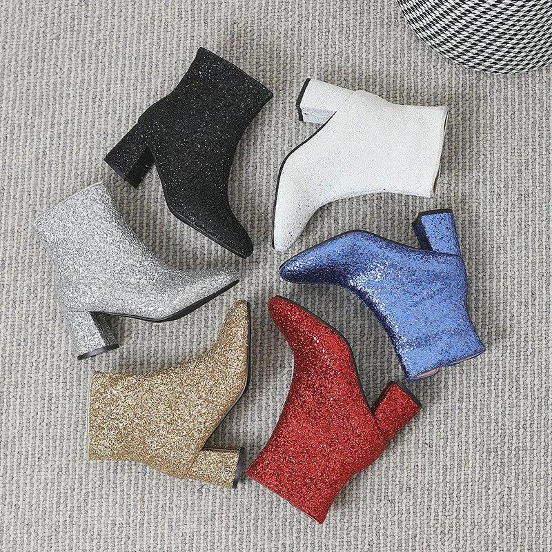 Gold Silver Blue Sequined Cloth Glitter Shoes Women High Heels Ankle Boots