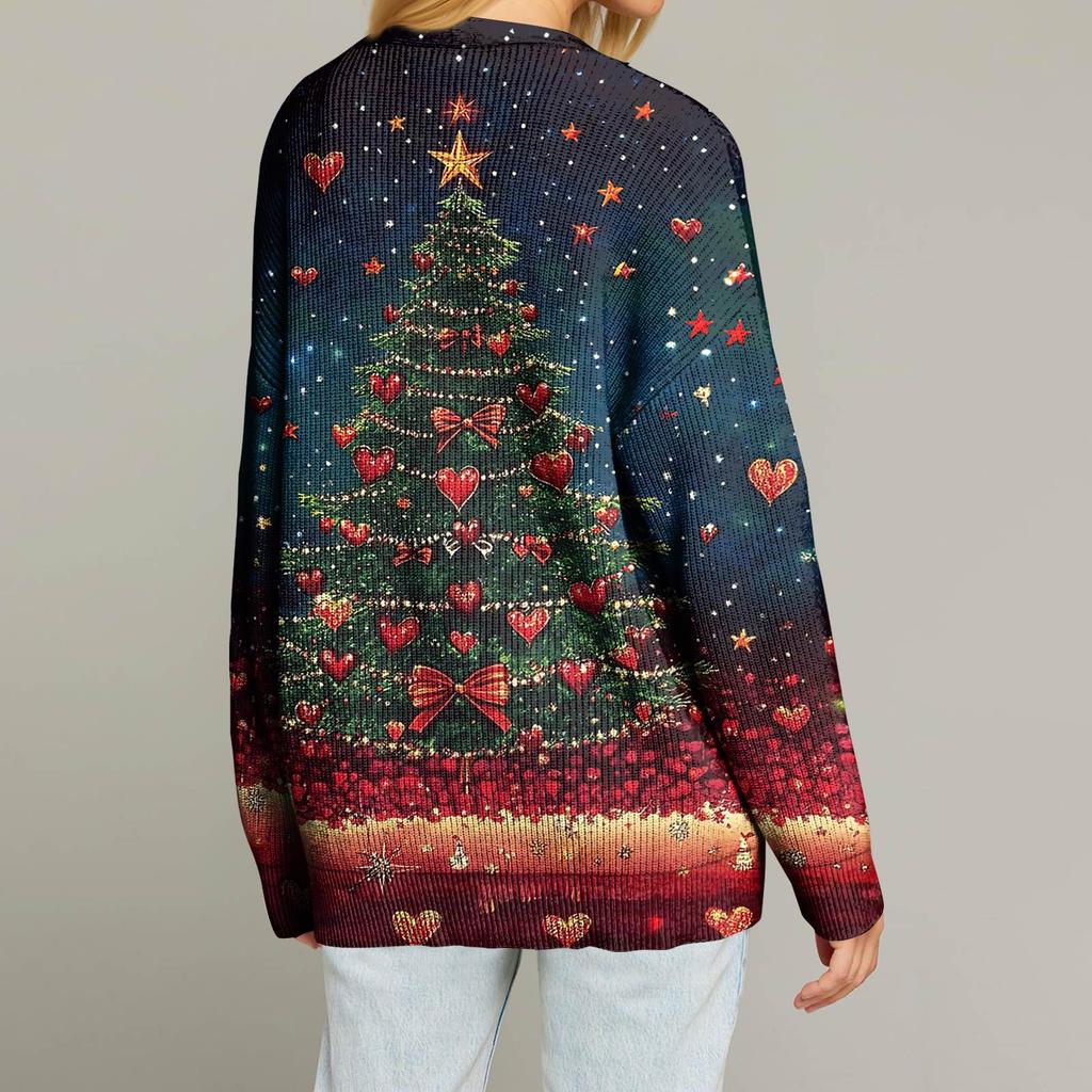 Women's Fashion Long Sleeve Christmas Print V-Neck Button Loose Cardigan Top