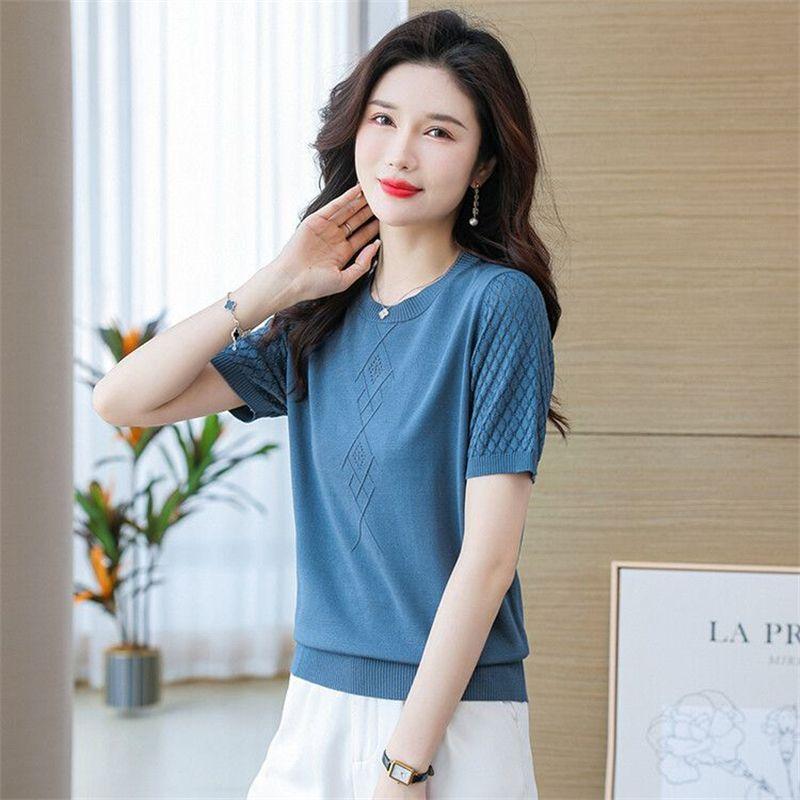 Женская летняя тонкая однотонная трикотажная футболка Hollow Ice Silk с коротким рукавом, новый модный топ с круглым вырезом