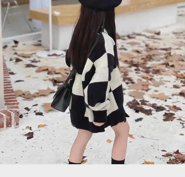 2024 Весна/Осень Для Девочек Корейский Шахматный Вязаный Свитер - Повседневный Универсальный Топ