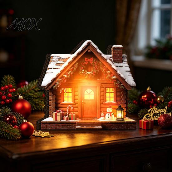 Wooden Festive Decorations Christmas Glowing House Ornament, LED Tabletop Decor for Hanging Holiday Village Display, Light Up Party Supplies Indoor