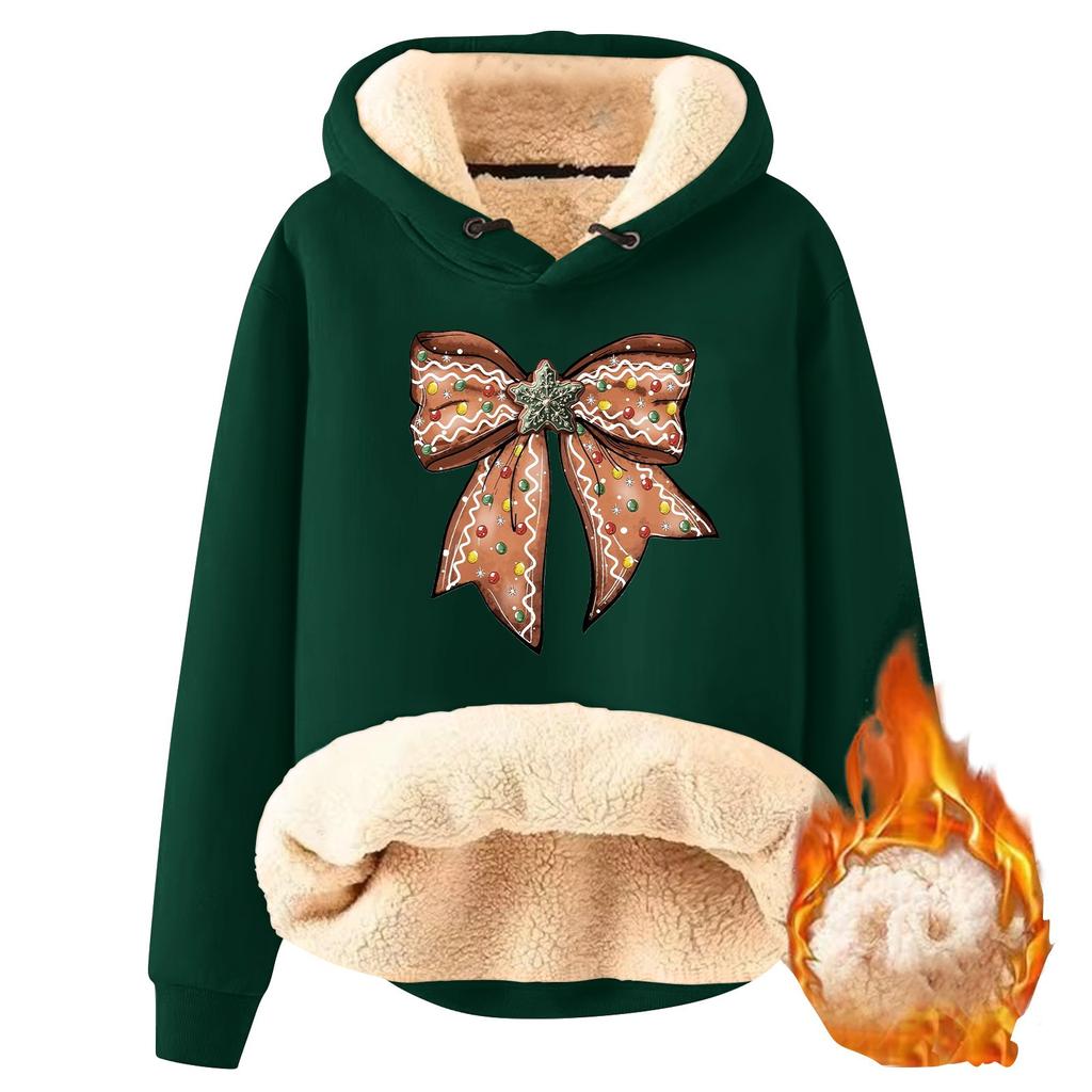 Women's Fashion Hooded Christmas Bowknot Printed Plush Warm Loose Pullover Sweatshirt