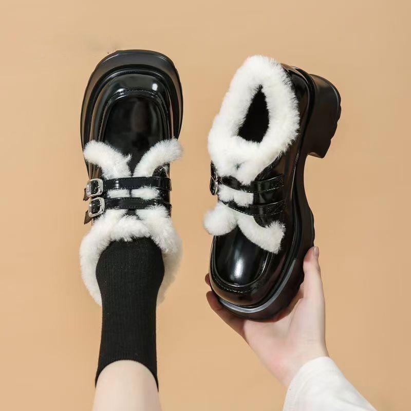 Теплые туфли-лодочки на высоком каблуке в британском стиле женские 2024 новые зимние бархатные в стиле принцессы темпераментный толстый каблук маленькие кожаные туфли хлопковые туфли