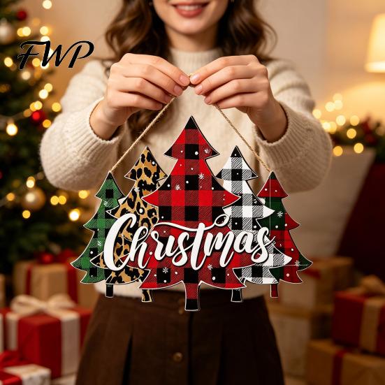 Winter Festive Home Decorations Christmas Wooden Sign Hanging Ornament, Multi-Layer Tree Wood Plaque Handcrafted Holiday Decor with Rope, Merry