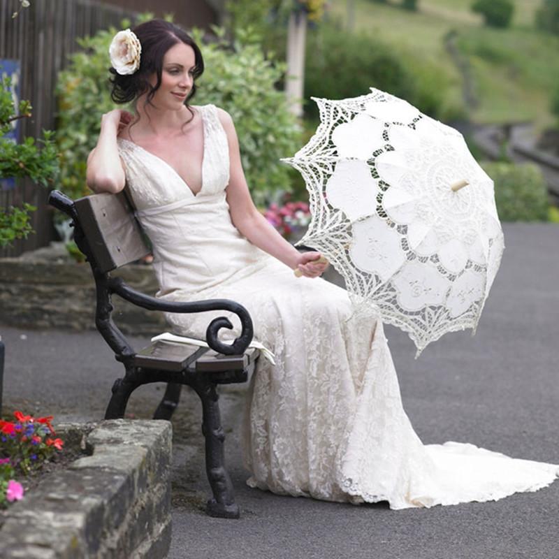 26/43cm Length Embroidery Lace Parasol Umbrella Wedding Decoration Photo Prop Flower Girl Umbrella Cotton Lace Kids Sun Umbrella