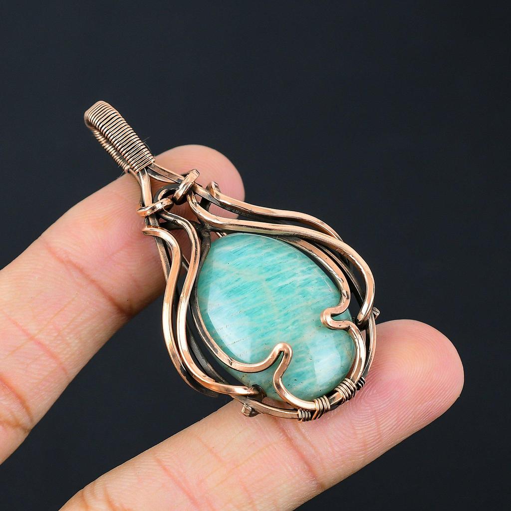 Wonderful Amazonite Gemstone Handmade Pure Copper Wire Wrapped Pendant Jewelry