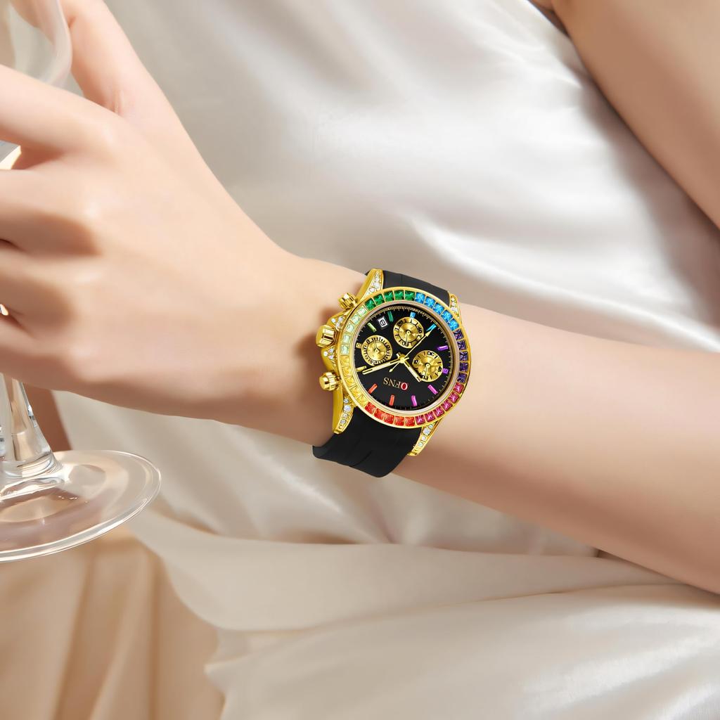 Rainbow Diamond Chronograph Men's Watch Six Pin Quartz Movement Waterproof Calendar Night Light Luxury Men's Watch