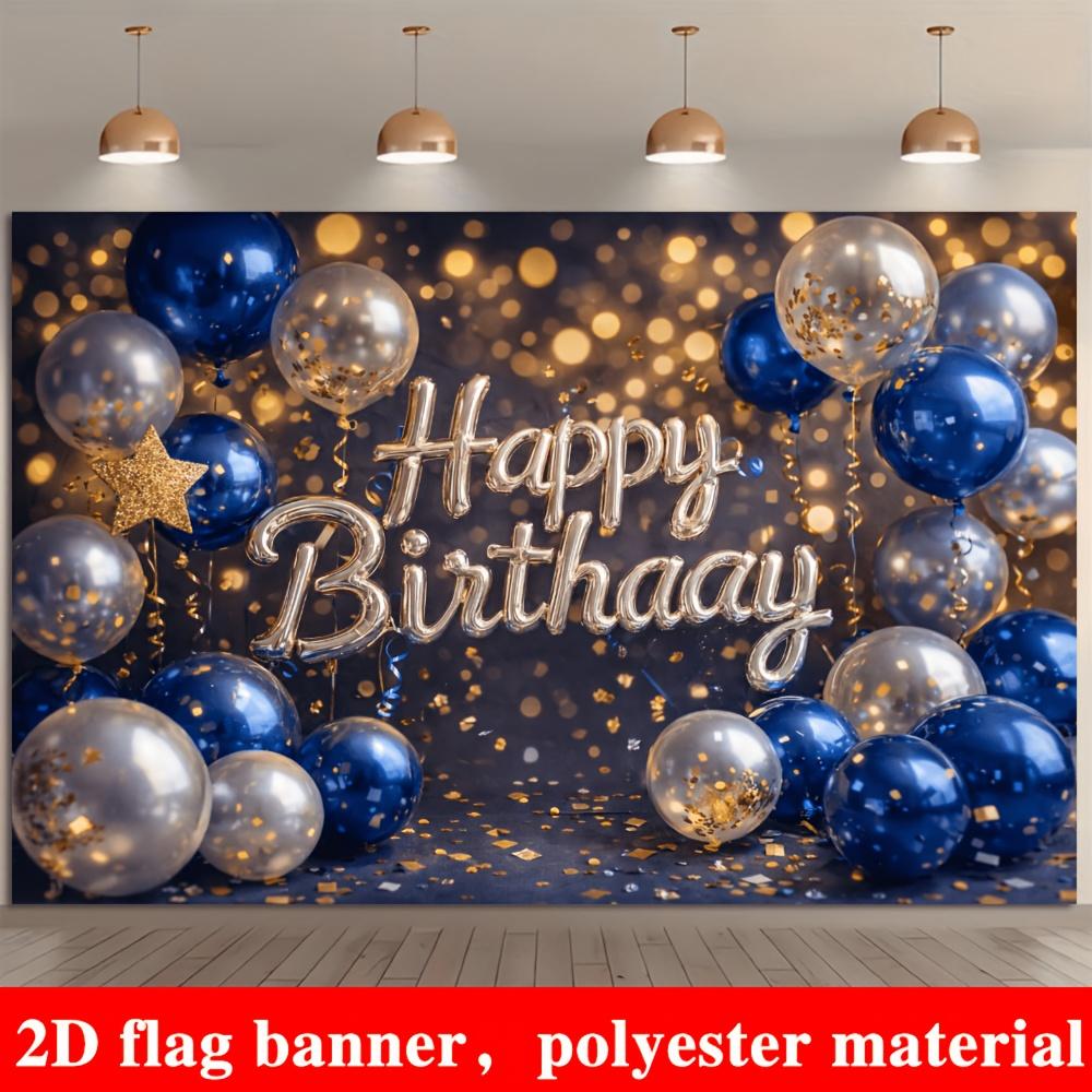 2D planar flag, 2D plane - 1 piece of 2D flag. Birthday party banner background, blue and silver balloon theme.DJH