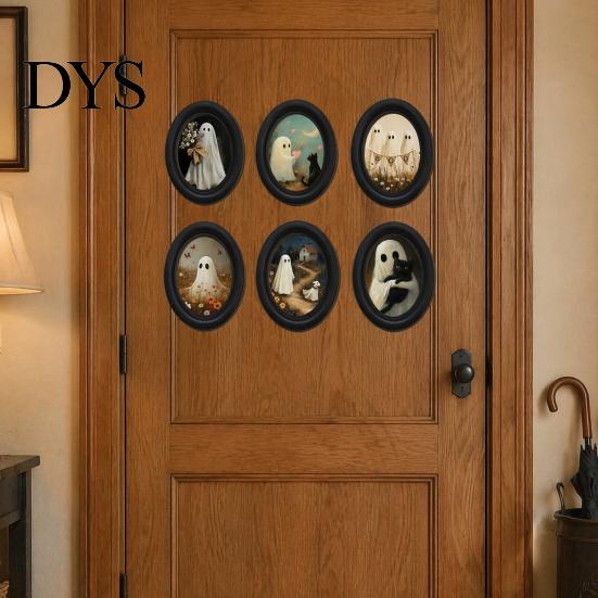 Oval Wood Picture Frame Halloween Gothic Wooden Hanging Plaque, Vintage Black Cat Ghost Wall Sweet Cool Sign Sign, Retro Waterproof Decorative Art for