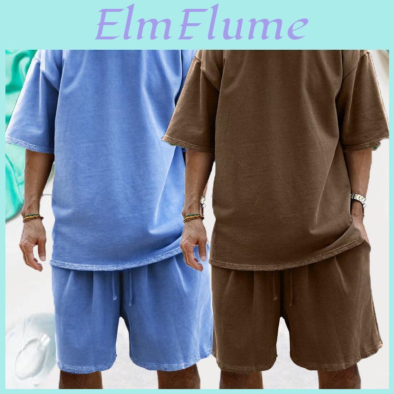 Mens Summer Solid Suit Simple Color Casual Loose Plus Size Shortsleeved Tshirt Shorts Hiphop Fashion Mens Clothing 2 Pieces