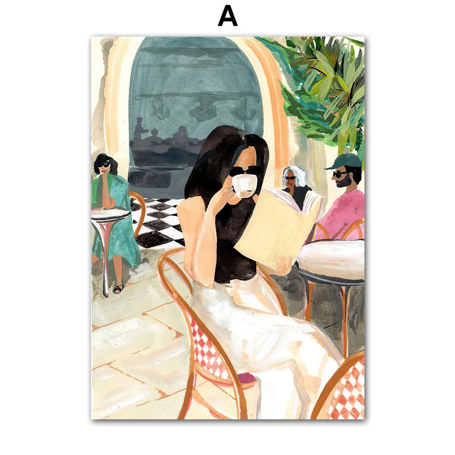 Путешествия Пейзаж Настенное Искусство Кофе Женщина Чтение Бассейн Лист Холст Картина ПостерыПечать Картины Для Гостиной Интерьер Комнаты Декор