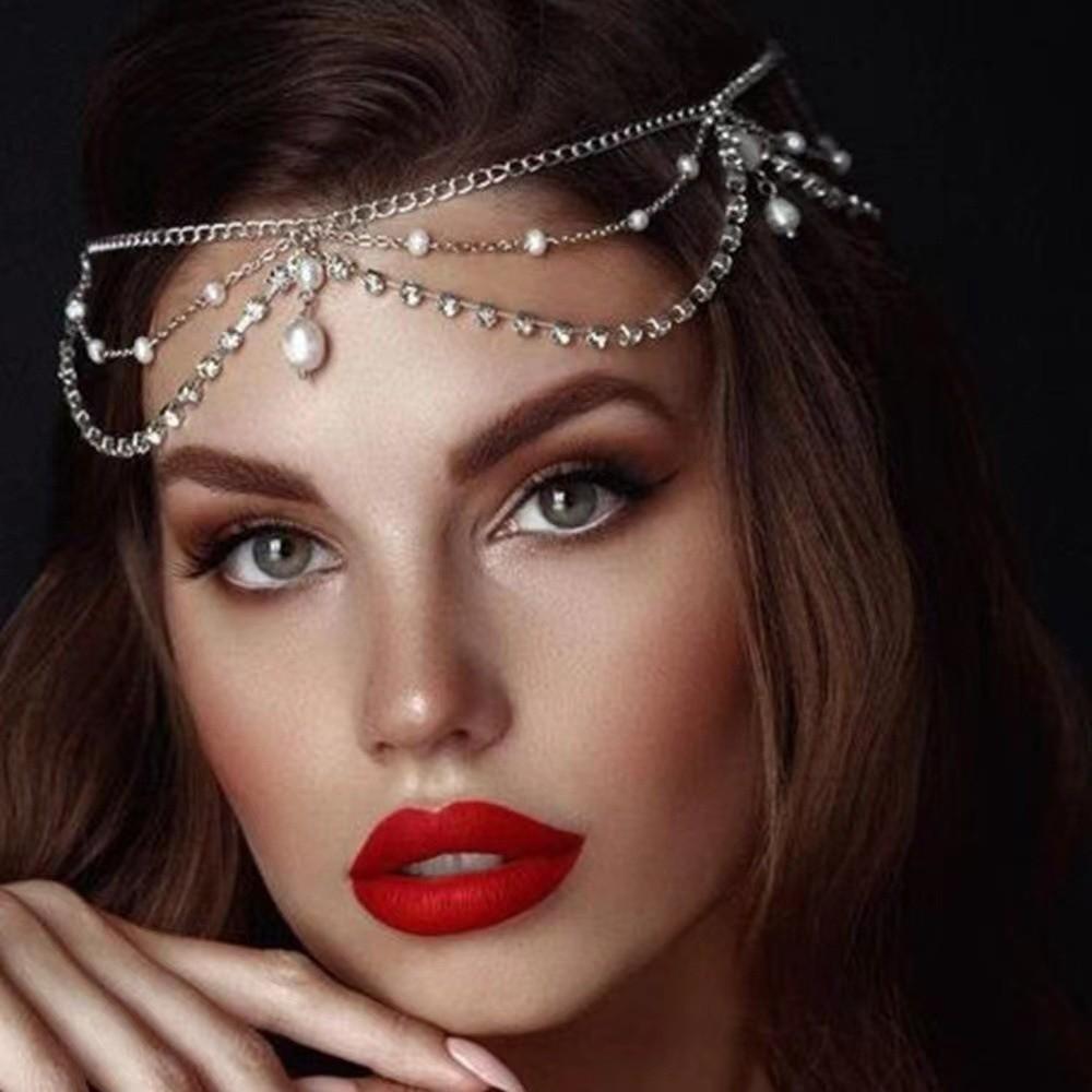 Full Rhinestone Head Chain Headpiece Pearls Tassel Crystal Meshes Headbands Hair Accessories