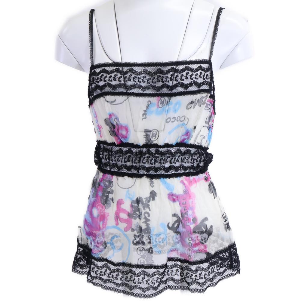 CHANEL 07C P29955V19739 Silk Graffiti CC Logos Lace Trim Camisole tops 38 black/white/multicolorUsed