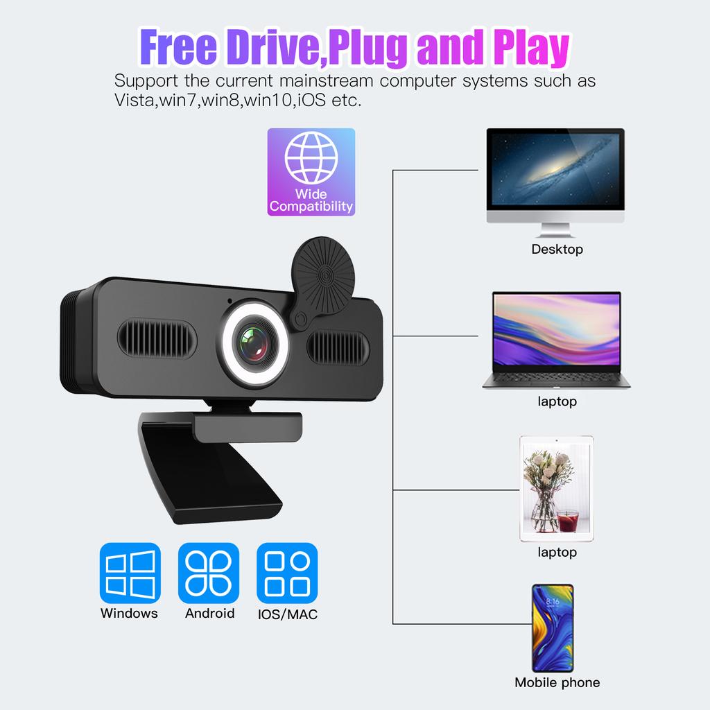 2160P HD Webcam Computer Webcam with Microphone USB PC Web Camera 120-degree Wide Angle with