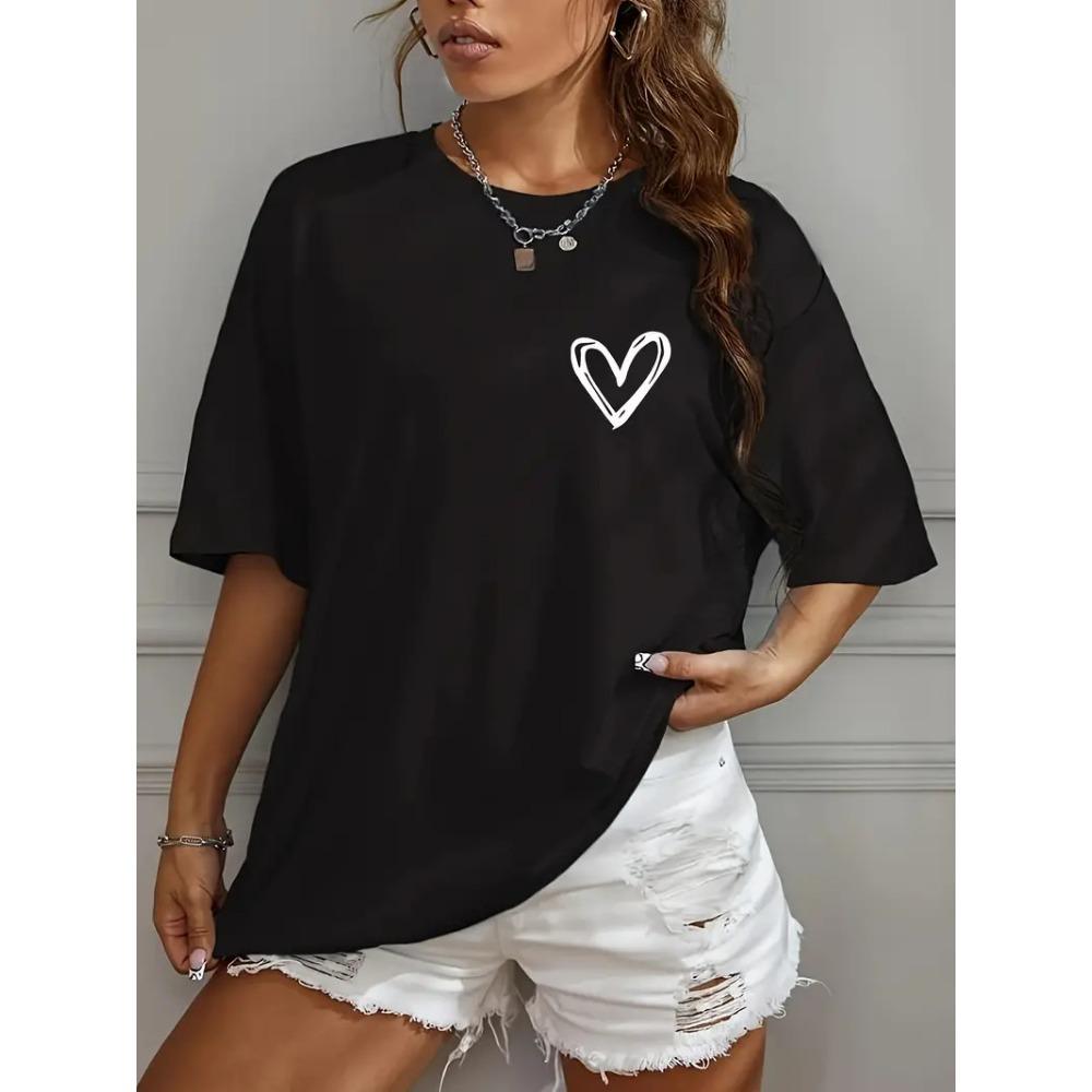 Women's Short-sleeved Valentine's Day Heart Round Neck T-shirt Casual Summer Top Graphic T-shirt
