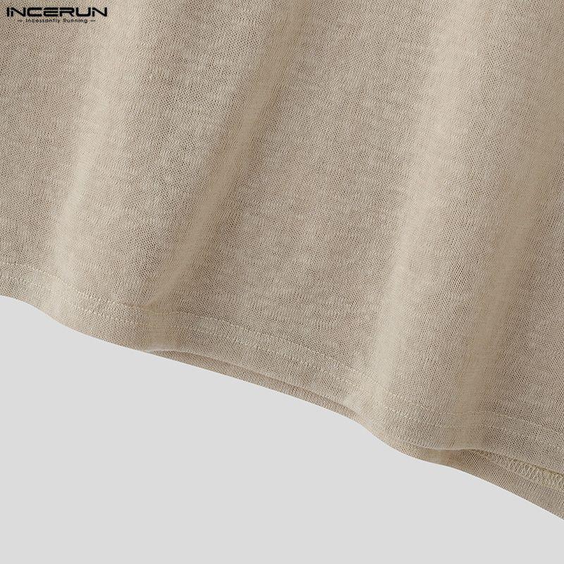 INCERUN Весенние мужские футболки с круглым вырезом, длинным рукавом, вязаные крючком, повседневные, свободного кроя, пуловеры, топы