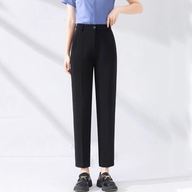 Spring Summer Office Lady Navy Blue Suit Pants Solid Elastic Waist Women Korean Fashion Casual High Waist Slim Straight Trousers
