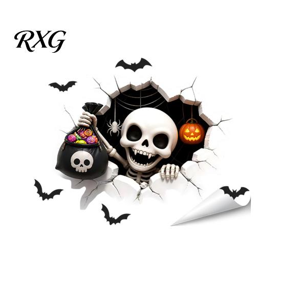 Bat Wall Stickers for Halloween Stickers, 3D Broken Effect with Ghost Skeleton Pumpkin Decals, Self-Adhesive Waterproof Decor Mural Living Room