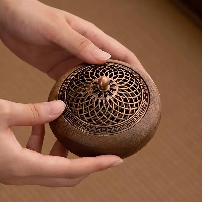 1pcs South American Walnut Retro Solid Wood Round Incense Burner, High-end Atmospheric Home Indoor Incense Burner