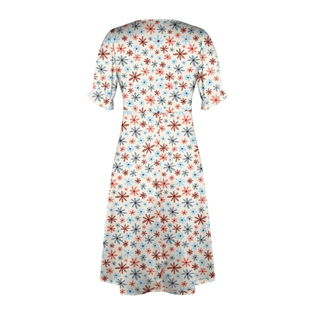 Women's Summer Casual Dress V Neck A-line Boho Ditsy Floral Flounce Sleeve Wrap Hem Dress