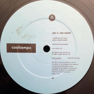 12-дюймовая пластинка ERIC B. RAKIM I Know You Got Soul Derek On Eric COOLXR146DJ Cooltempo 1988 US Rap HipHopRB Б/у
