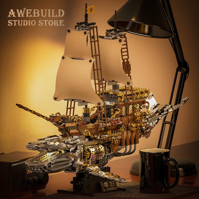 Vintage Steampunk Mecha Whale Ship Building Blocks 1979pcs Retro Steam Boat MOC Bricks Toys Sci-Fi Sailboat Model Birthday Gifts