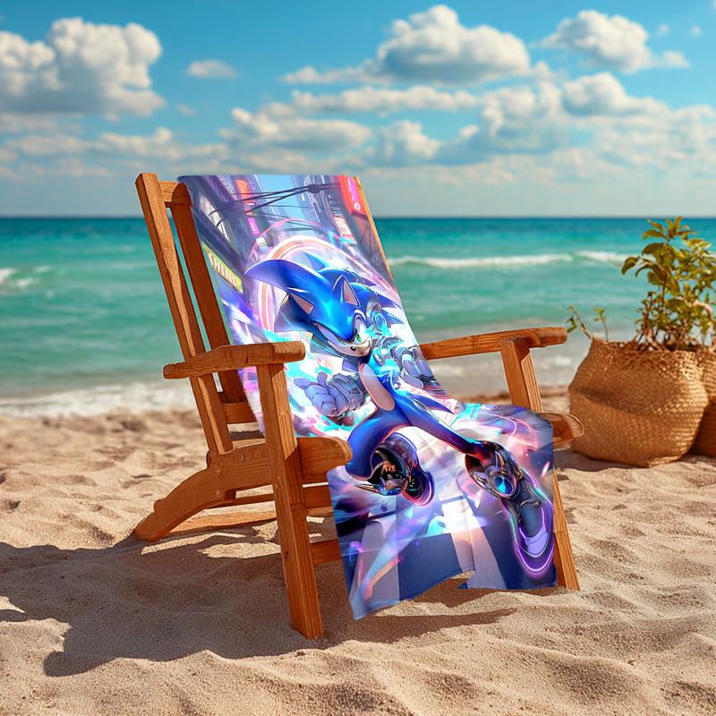 1Pc Sonic Through Neon City Beach Towel, Quick Dry, Multi-Use for Beach Pool Gym Yoga Home Travel, Christmas, Halloween, Xmas Gift Em9291