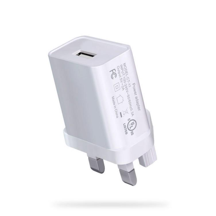 UK 3-Pin 5V2A Mobile Charger with USB Port and 1A Fast Charging
