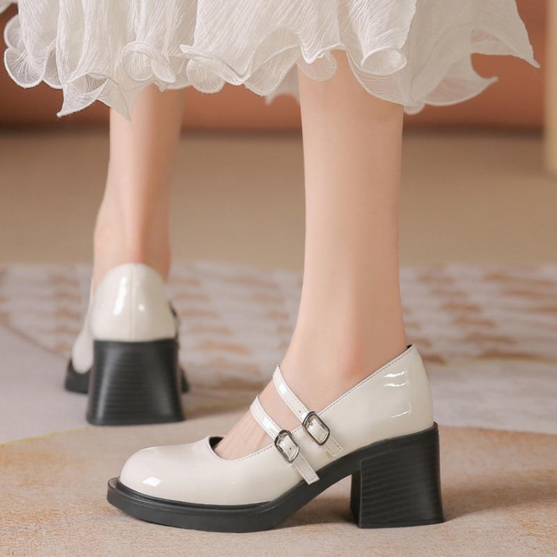 Spring and Autumn Women Shoes Small Leather Shoes Mary Jane Patent Leather Round Head Thick Heel Buckle Strap Single Shoes 2024