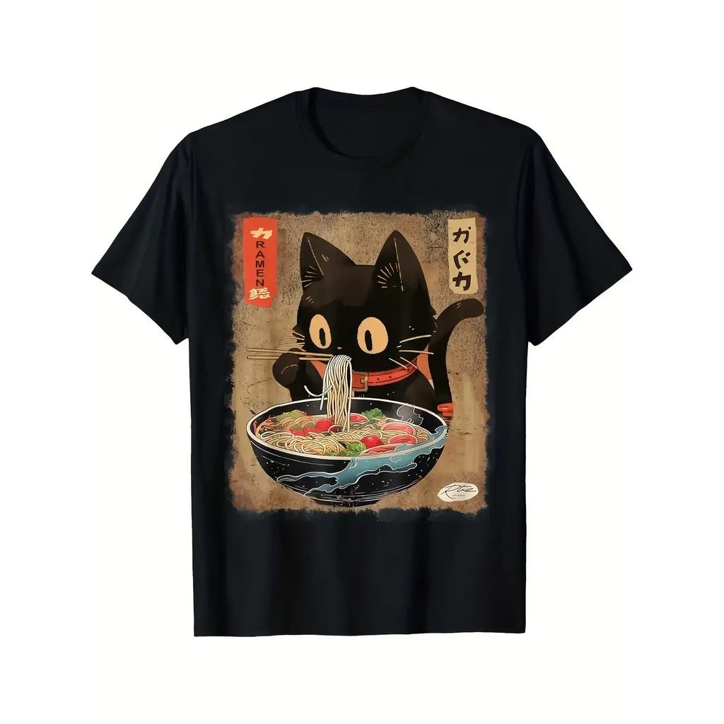 Black Cat Eating Ramen Graphic Tee Kawaii Japanese Anime Style Crew Neck T-Shirt for Men