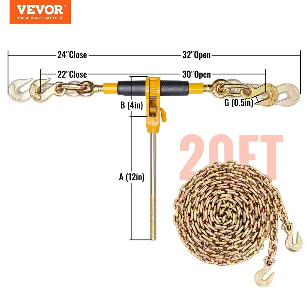Ratchet Chain Binder, 5/16"-3/8" Heavy Duty Load Binders, with G80 Chains 7100 lbs Secure Load Limit, Labor-saving Anti-skid Handle, Tie Down Hauling