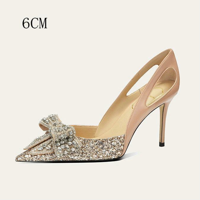 Модные Однобортные Туфли из Овчины Для Женщин 2025 Все Новые Бриллиантовые Бант Французские Высокие Каблуки Для Женщин Шпилька Свадебные Туфли