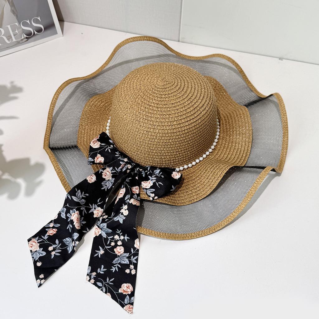 Summer New Straw Hat Floral Streamer Pearl Decoration Sun Hat Seaside Outing Big Eaves Sun Protection Hat