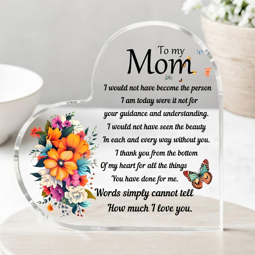 2D Flat, Mom Acrylic Heart Plaque "I Thank You From The Bottom Of My Heart" Quote Sign - Retro Floral Butterfly Suitable for Mother's Day Birthday Gif