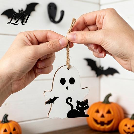 Wooden Halloween Signs Ghost Hanging Sign with Hemp Rope Cute Holiday Wall Art Pendants for Home Party Decorations