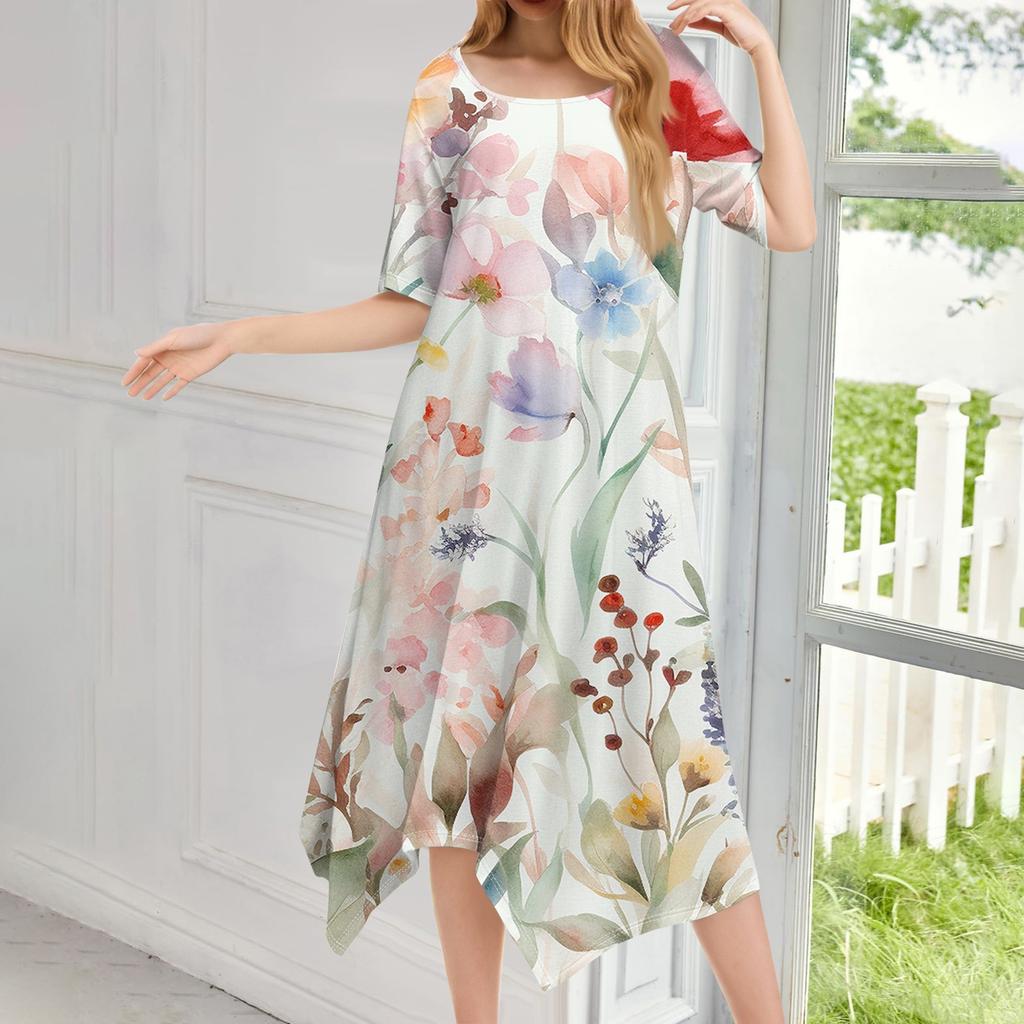 Женское повседневное модное платье миди с круглым вырезом и коротким рукавом с принтом и неровным подолом