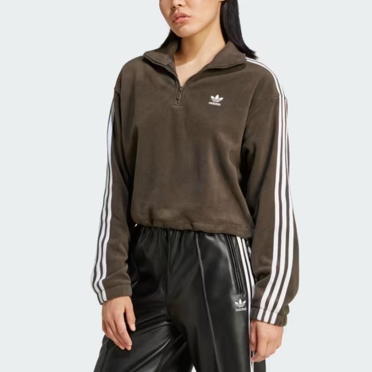 adidas Оригинальная флисовая свободная полумолния теплая легкая толстовка с воротником-стойкой женская толстовка Shadow-Olive IW3164
