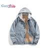 Мужские джинсовые пальто из шерпа на флисовой подкладке, верхняя одежда с капюшоном (съемный)