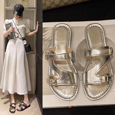 Женские летние шлепанцы на плоской подошве с пряжкой, модные элегантные тапочки, новинка 2024 года, сандалии, нескользящие роскошные женские пляжные сандалии на мягкой подошве