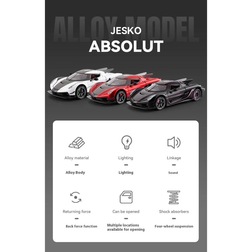 1/24 Модель суперкара Koenigsegg JESKO, литая из сплава, игрушечная машинка с имитацией звука и инерционным механизмом, детская игрушка для коллекции, подарок на день рождения