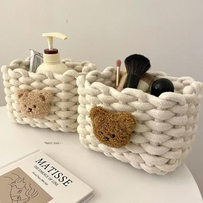 Плетеная вручную корзина для хранения из хлопковой веревки, мультяшные животные, мишка, органайзер для косметики, настольный органайзер, коробка для хранения мелочей