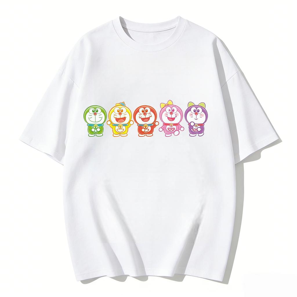 2026 Summer Doraemons Cartoon Printed Short Sleeve Pure Cotton Tshirt Classic Casual Family Matching Outfits Tops Couple Tees