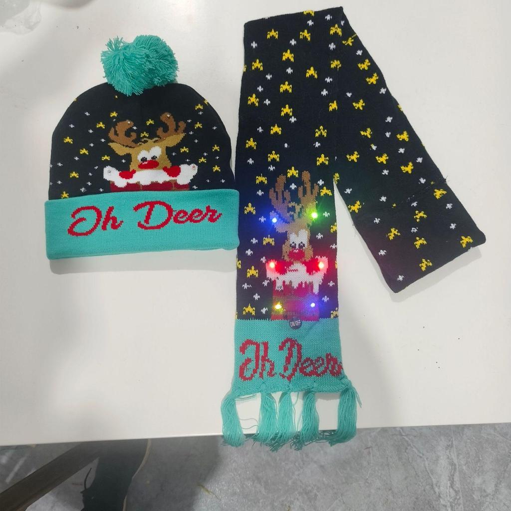 LED Light-Up Elk Jacquard Knit Hat & Scarf Set for Christmas & New Year.