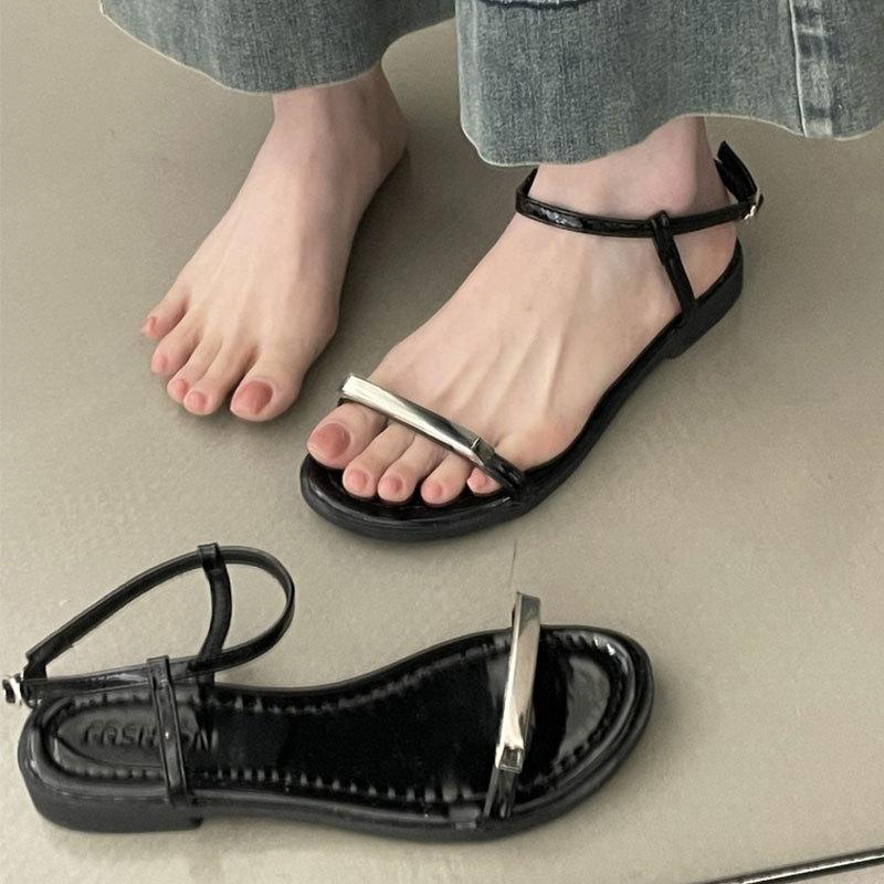 Flat-bottomed Silver Sandals Women's Summer New Versatile Skirt Metal Buckle One-word Belt Beach Roman Shoes