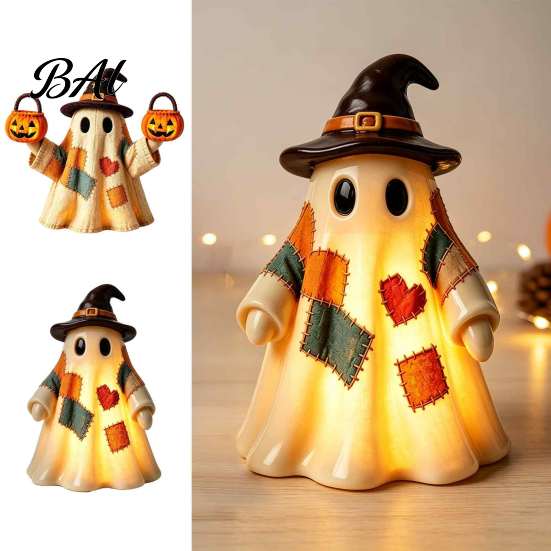 LED Light Up Ghost Lighted Vintage Patchwork Ghost, Halloween Decor for Home Display, Vintage-inspired Figurine Cute with Soft Mantels Shelves Porches